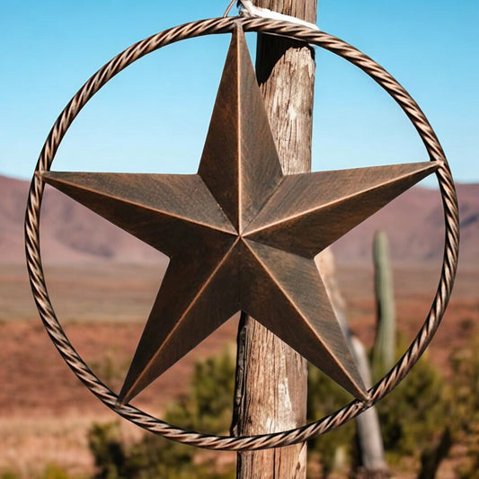 Handmade Rustic Bronze Copper Barn Metal Star with Twisted Rope Ring Western Home Decor Ready to Hang