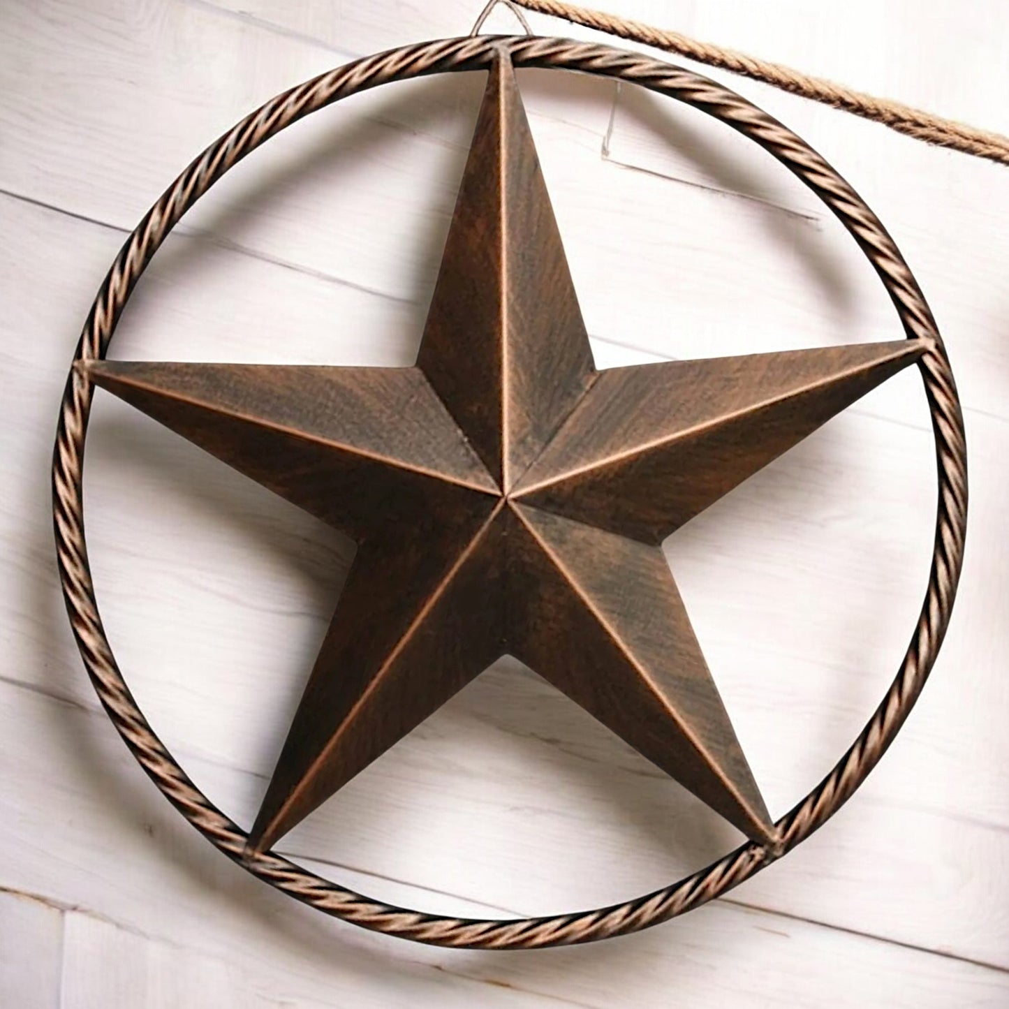 Handmade Rustic Bronze Copper Barn Metal Star with Twisted Rope Ring Western Home Decor Ready to Hang