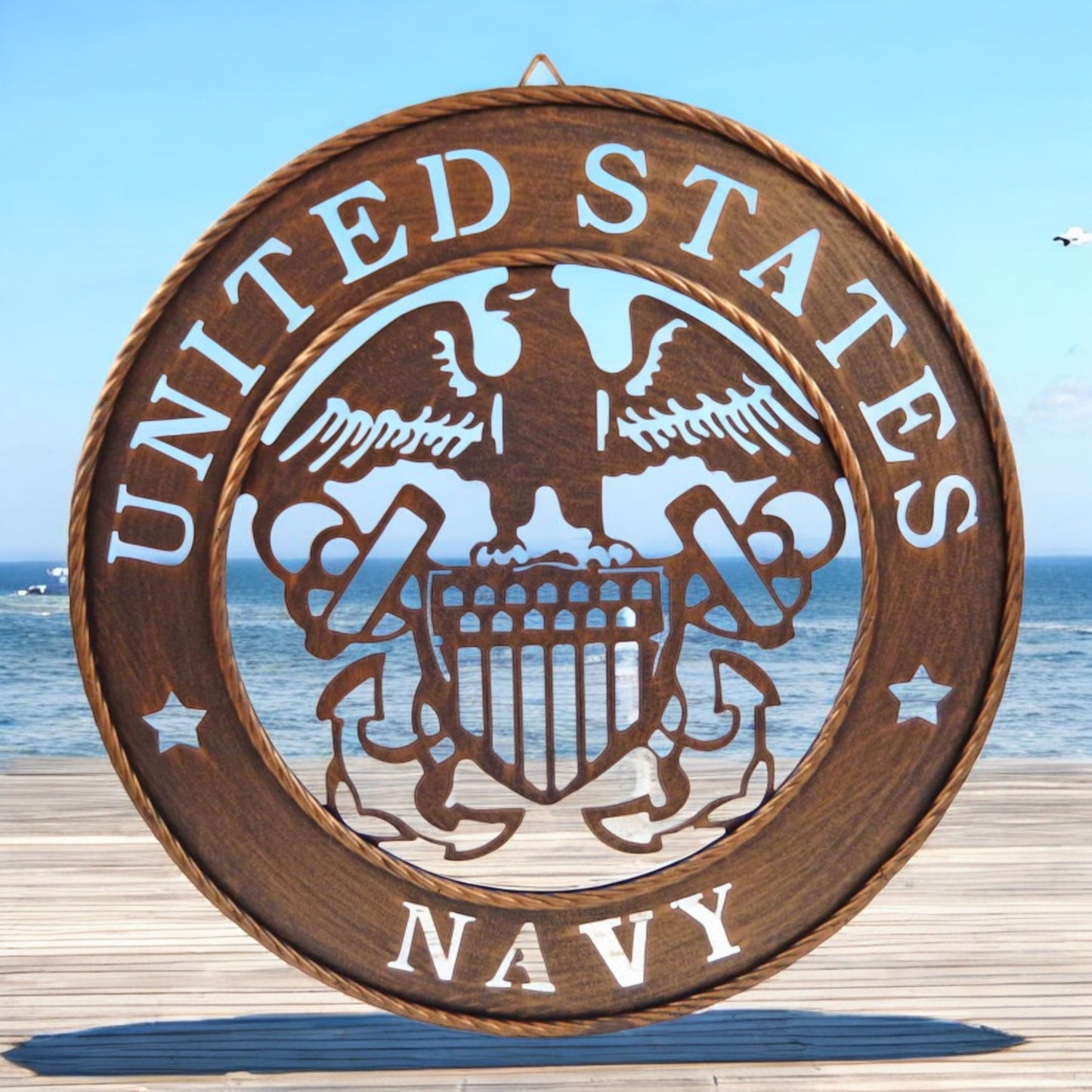 United States Military Laser Cut Wall Decor All Branches Brushed Bronze 17.5 inch With Rope Ring Accents