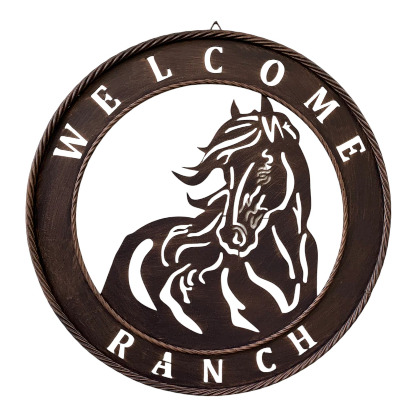 Welcome Ranch Laser Cut Metal Round Plaque 23 inch Horse and Twisted Rope Decoration