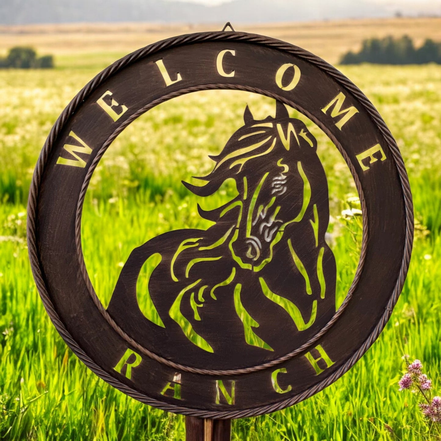 Welcome Ranch Laser Cut Metal Round Plaque 23 inch Horse and Twisted Rope Decoration