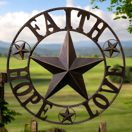 25.5 inch Faith Hope Love Metal Wall Sign Inspirational Star Decor with Twisted Rope Ring and Built In Hook