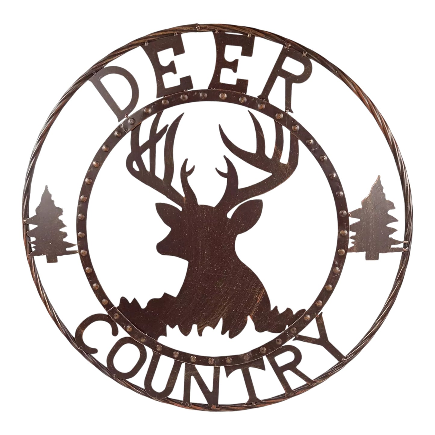 24 inch Deer Country Metal Wall Sign Rustic Deer with Twisted Rope Ring Cabin Farmhouse Decor