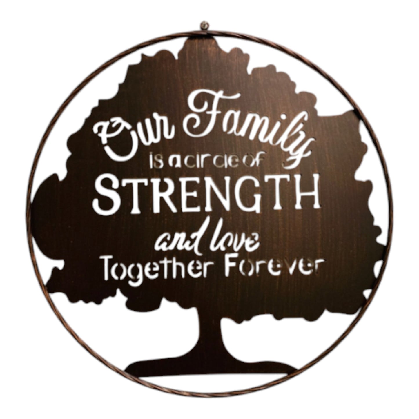 Our Family is a Circle of Strength and Love 21 inch Metal Wall Sign with Tree Motif and Twisted Rope Ring