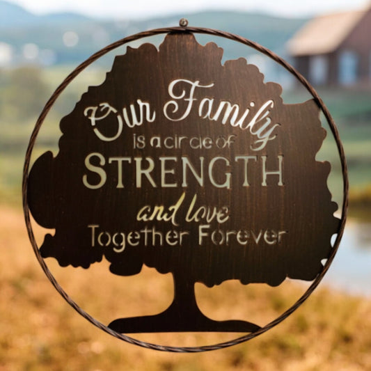 Our Family is a Circle of Strength and Love 21 inch Metal Wall Sign with Tree Motif and Twisted Rope Ring