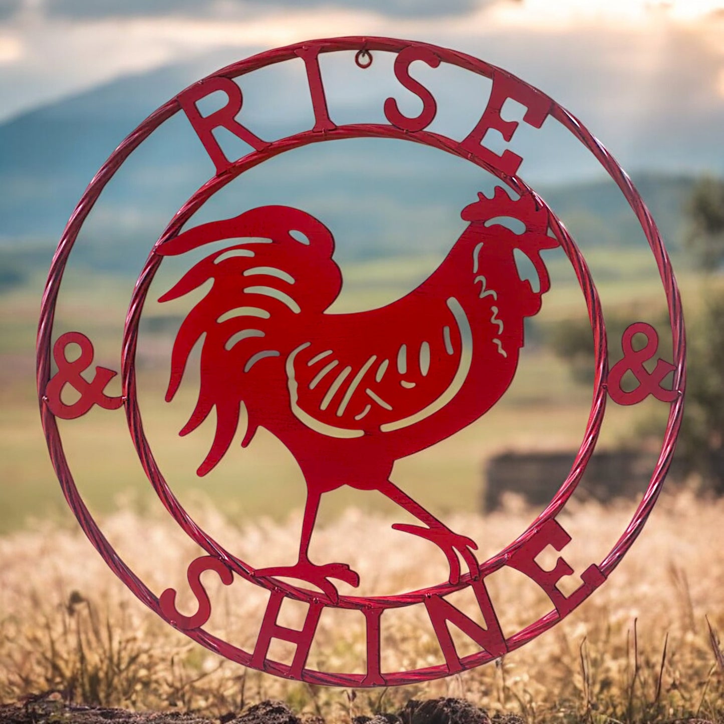 Rise and Shine 24 inch Red Rooster Wall Sign with Twisted Rope Ring