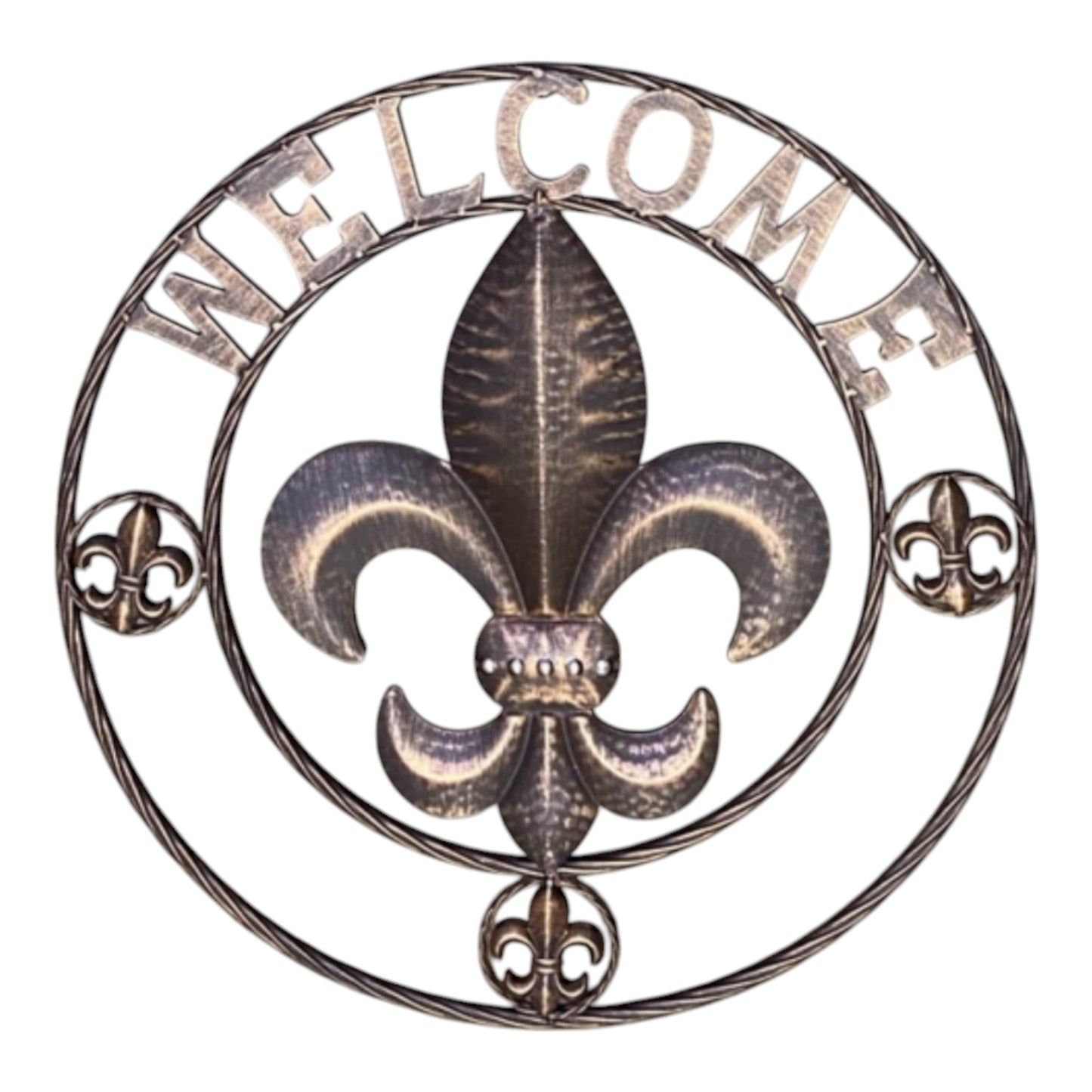 Round Metal Fleur De Lis Welcome Wall Decor Plaque Rustic Copper 24 inch