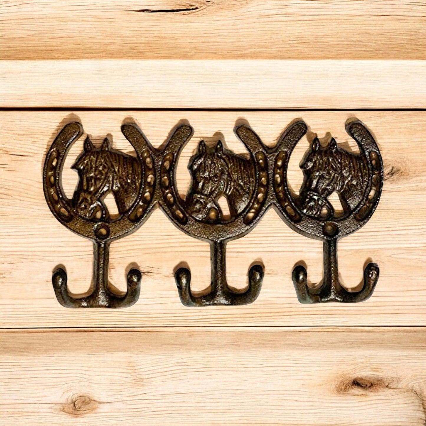 Equestrian Cast Iron Horse Head 3 Hook - Rustic Western Wall Rack