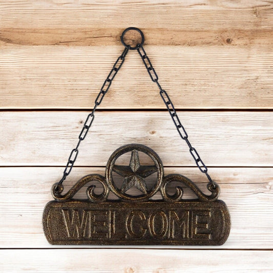 Welcoming Cast Iron Plaque with Chain - Rustic Welcome Sign