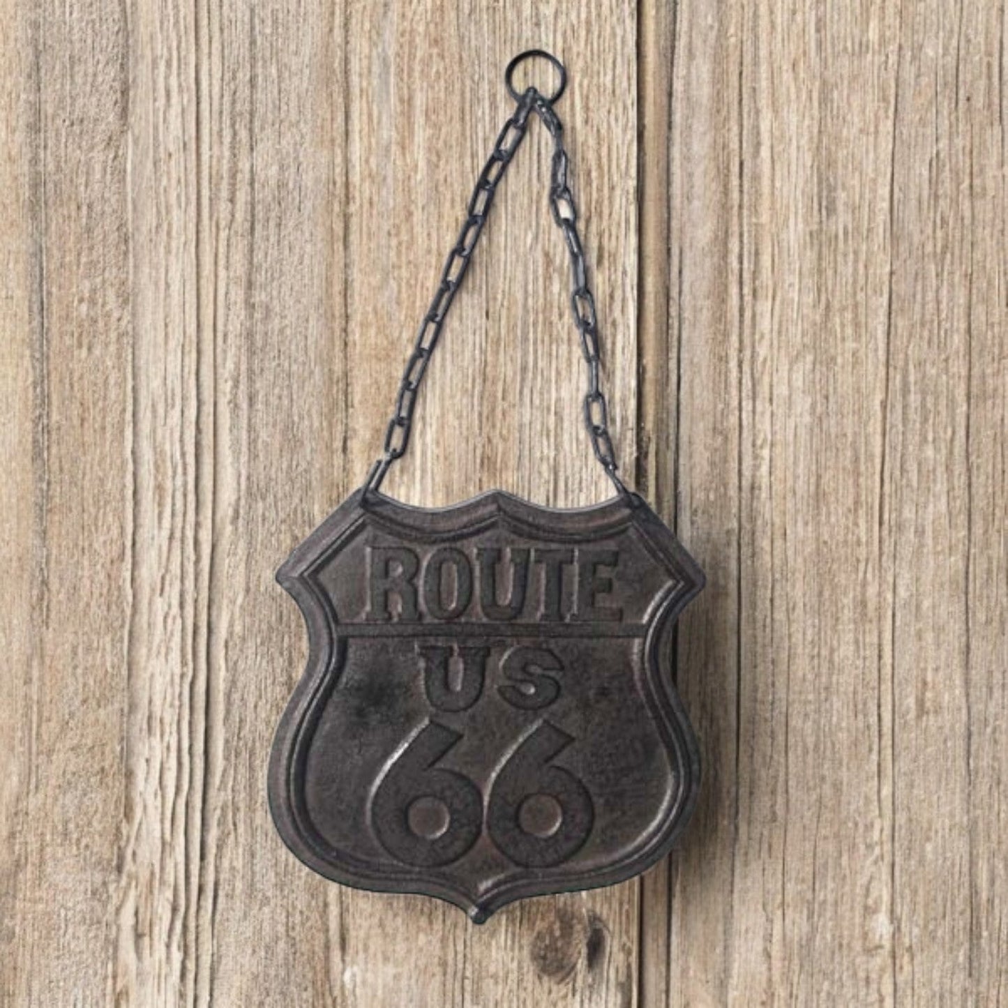 Retro Cast Iron Route 66 Plaque with Chain - Nostalgic Road Sign