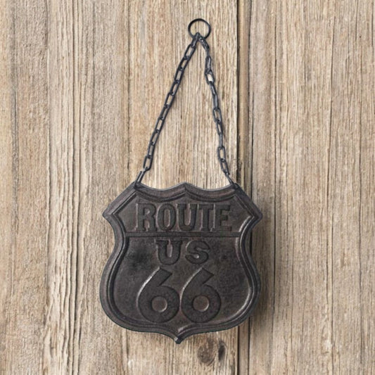 Retro Cast Iron Route 66 Plaque with Chain - Nostalgic Road Sign