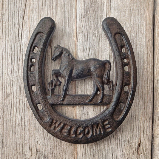 Horse-Themed Cast Iron Horseshoe with Horse & Welcome - Western Decor