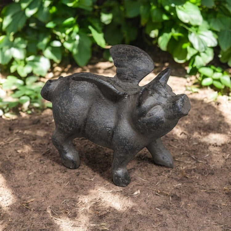 Whimsical Cast Iron Small Flying Pig Figurine - Rustic Animal Decor