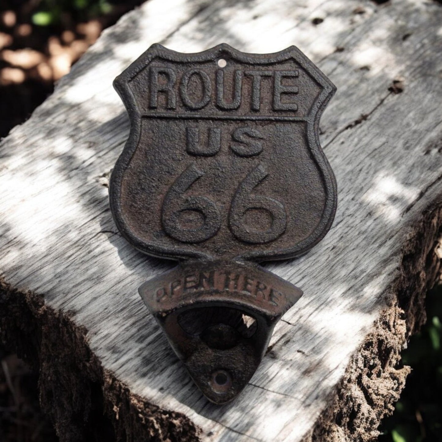 Route 66 Cast Iron Bottle Opener – Vintage Americana Bar Accessory