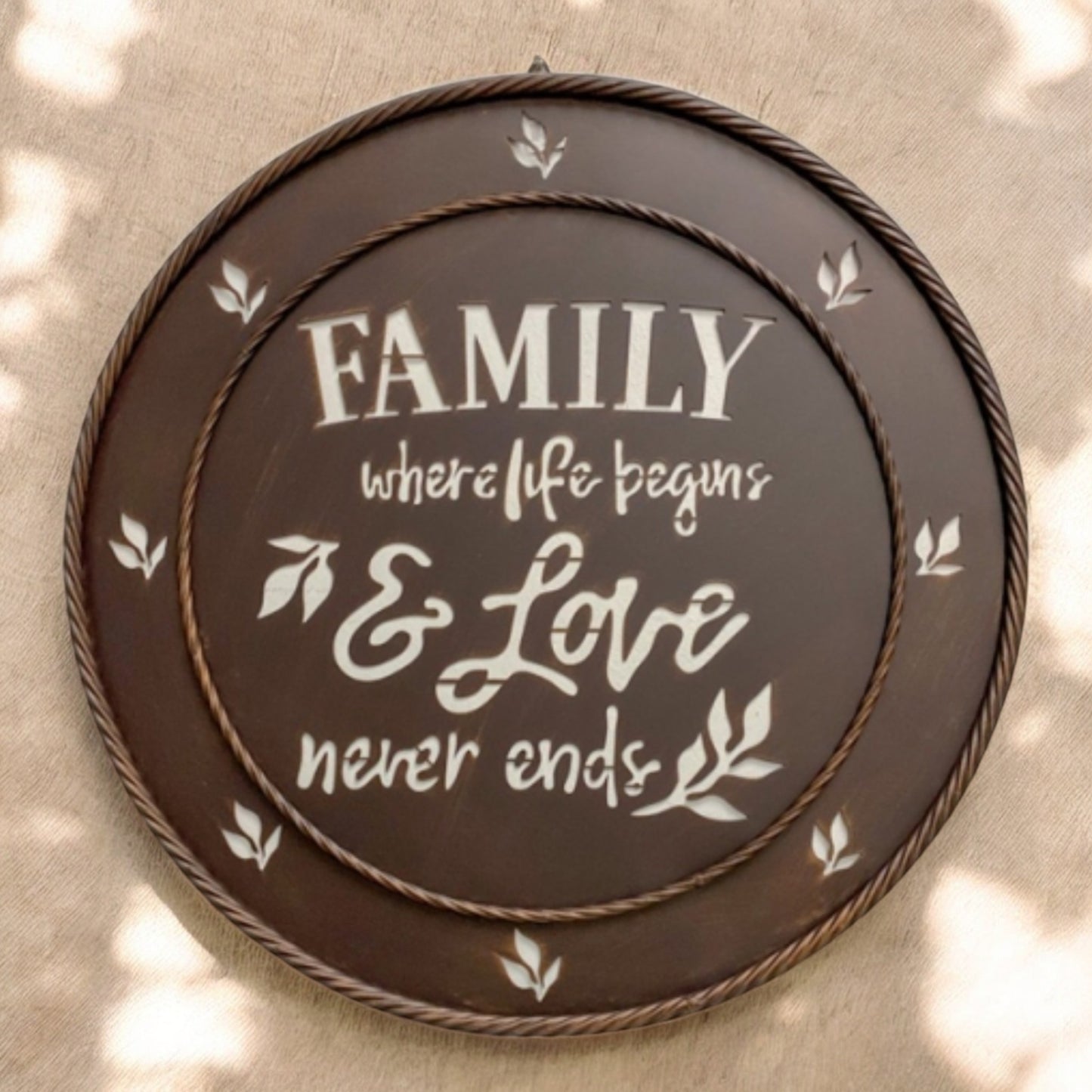 23 inch Family Where Life Begins and Love Never Ends Laser Cut Brushed Copper Metal Wall Sign