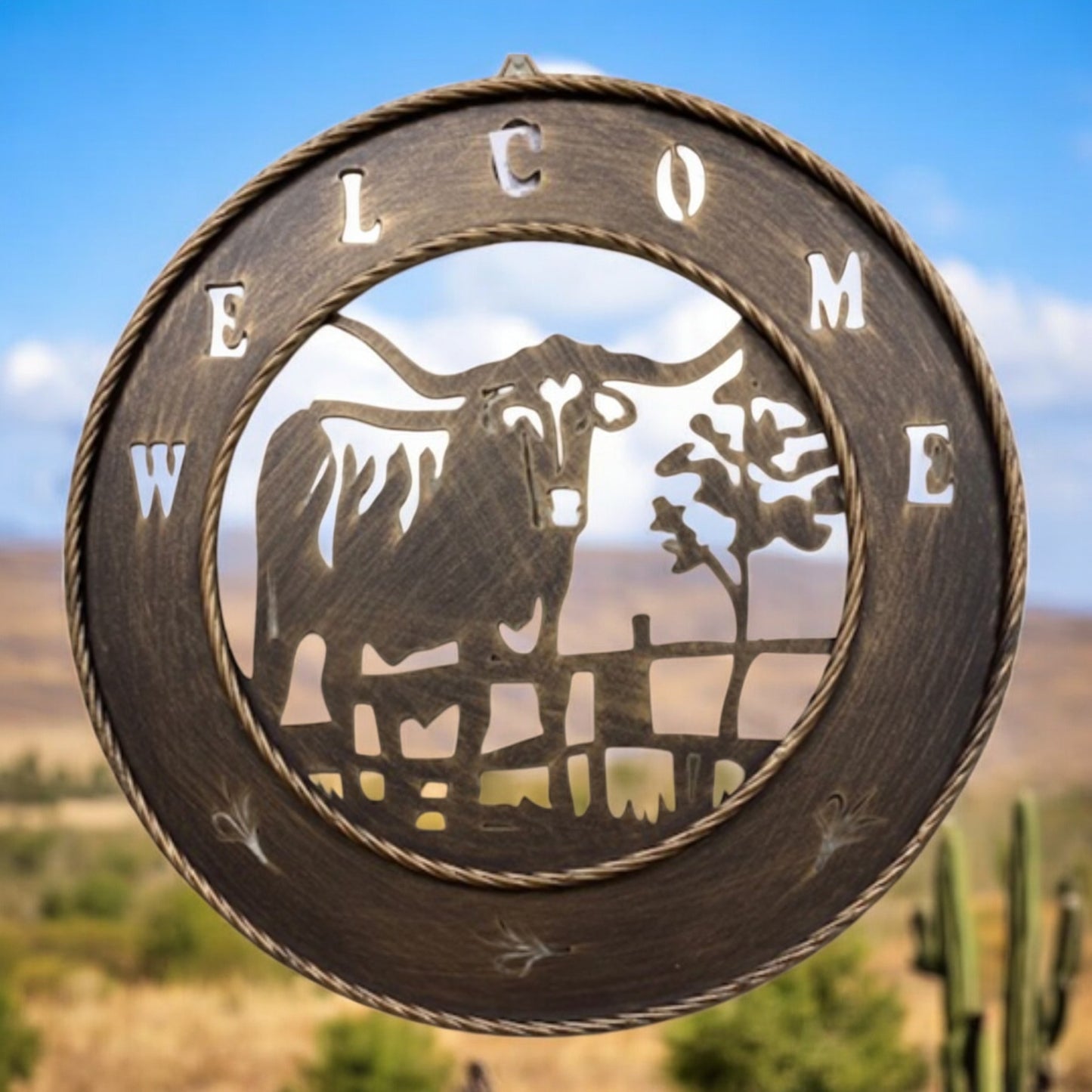 Cow Welcome 18 inch Brushed Copper Metal Wall Sign with Laser Cut Longhorn Cow