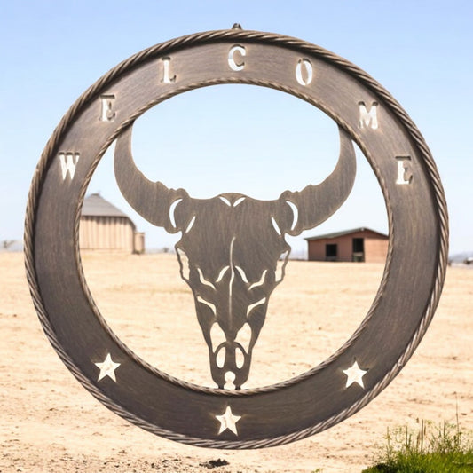 Longhorn Welcome 23 inch Laser Cut Metal Wall Sign with Cow Skull and Welcome