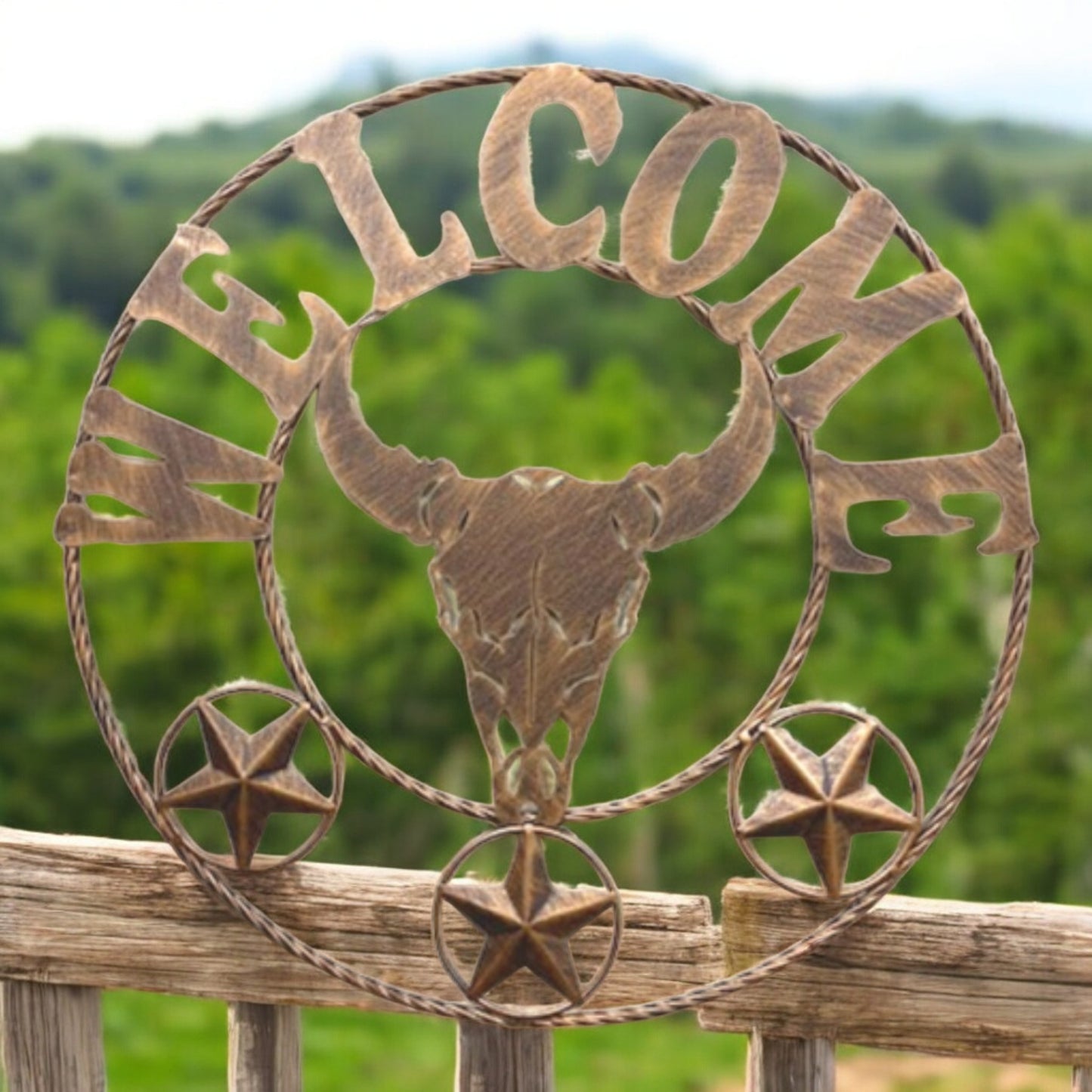 Longhorn Welcome 20 inch Laser Cut Metal Wall Sign with Cow Skull Three Stars and Welcome